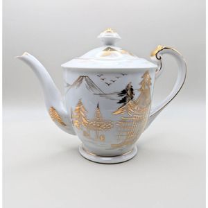 Kutani white gold Japanese porcelain teapot RARE PATTERN pagoda bridge mountain